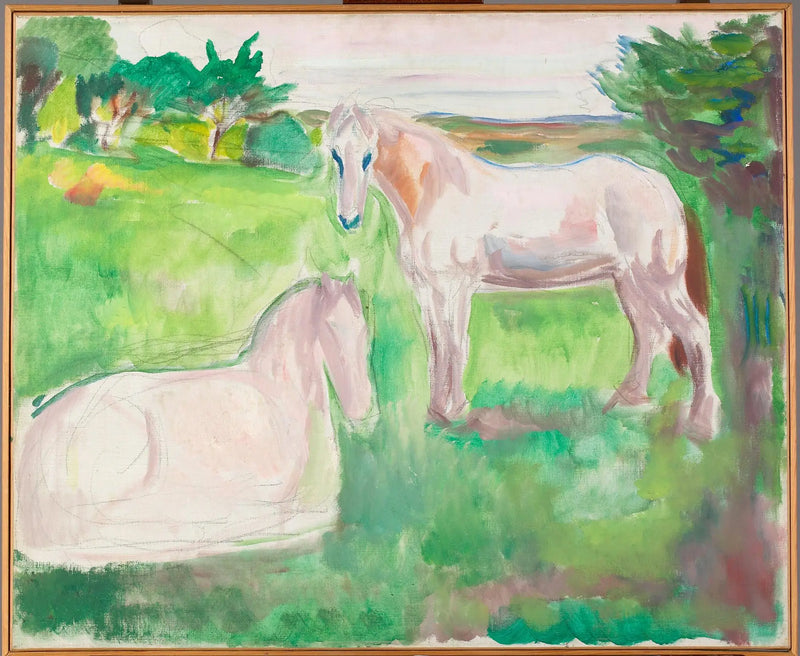 Two white horses in a green meadow - Edvard Munch