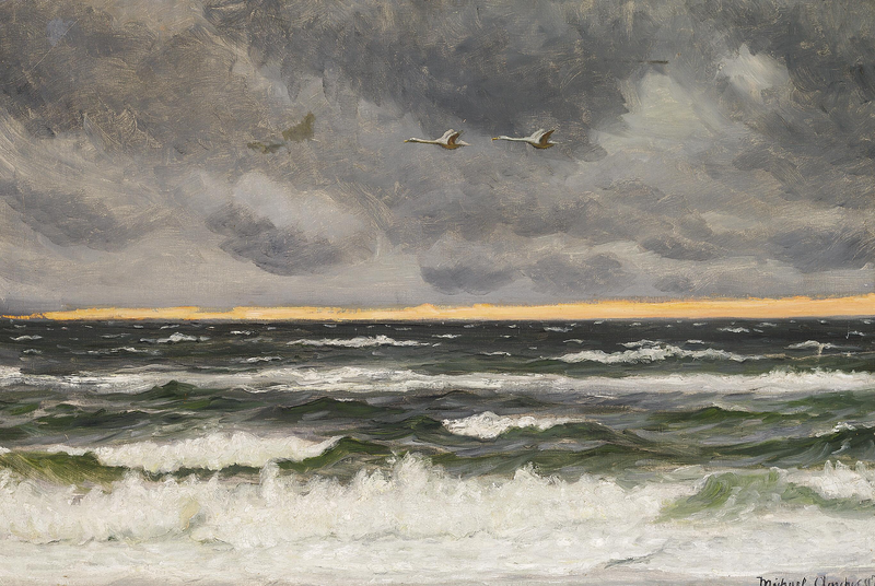 Two swans flying over the North Sea at sunset. - Michael Peter Ancher