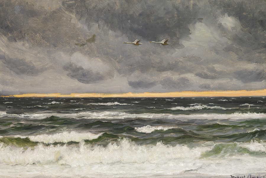 Two swans flying over the North Sea at sunset. - Michael Peter Ancher