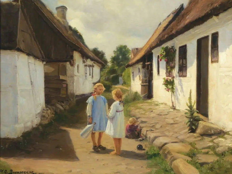 Two children in the street of a village - H. A. Brendekilde