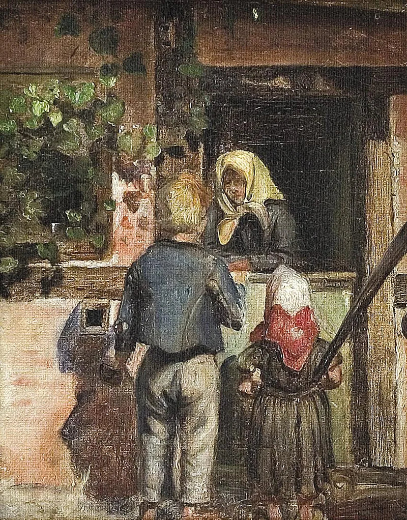 Two children and an old woman are standing in front of a door. - Anna Ancher