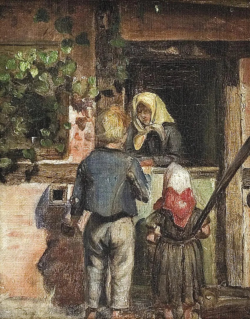 Two children and an old woman are standing in front of a door. - Anna Ancher