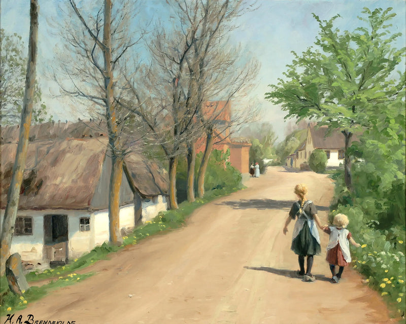 Two children walking hand in hand on a village road. - H. A. Brendekilde