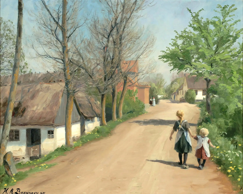 Two children walking hand in hand on a village road. - H. A. Brendekilde