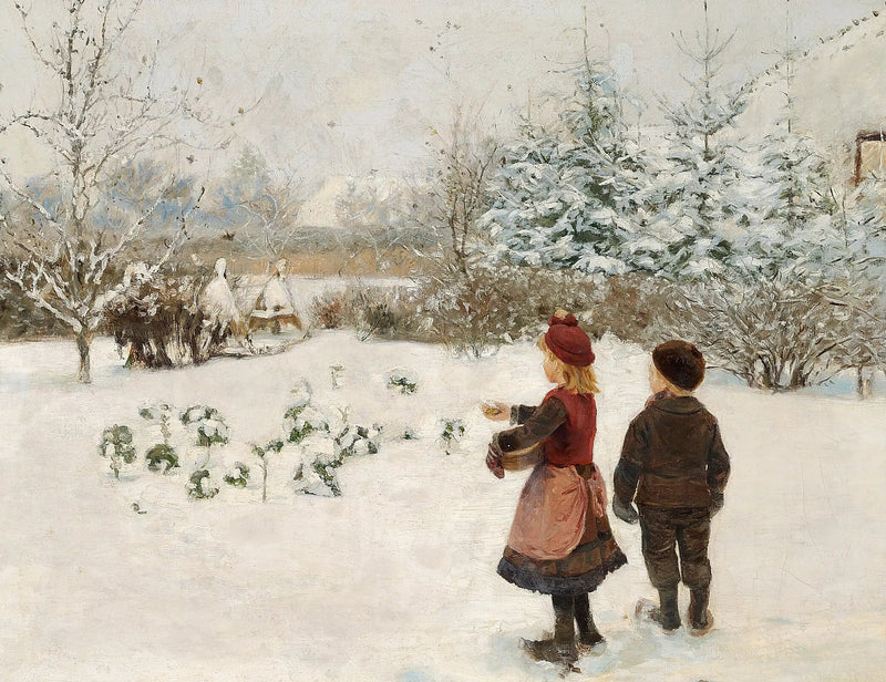 Two children feeding birds in the snow. - H. A. Brendekilde
