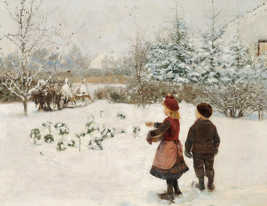 Two children feeding birds in the snow. - H. A. Brendekilde