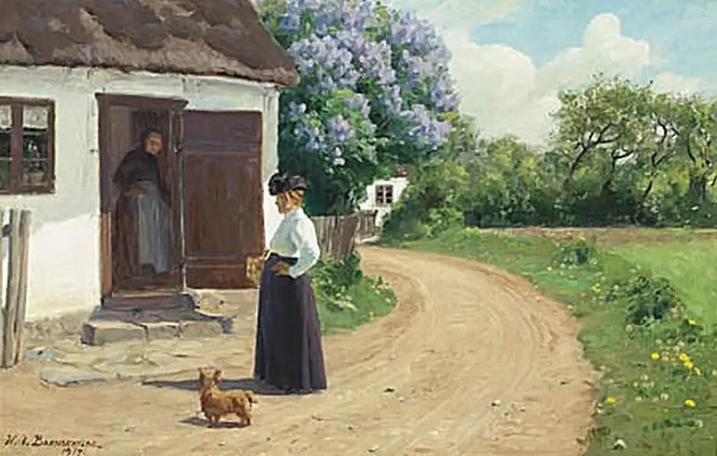 Two women talking on a village road. - H. A. Brendekilde