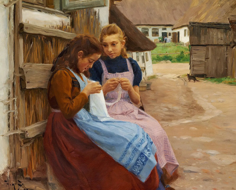 Two girls with needlework sitting in the farmyard. - H. A. Brendekilde