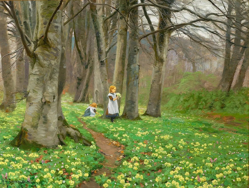 Two girls picking flowers in a forest in spring. - H. A. Brendekilde