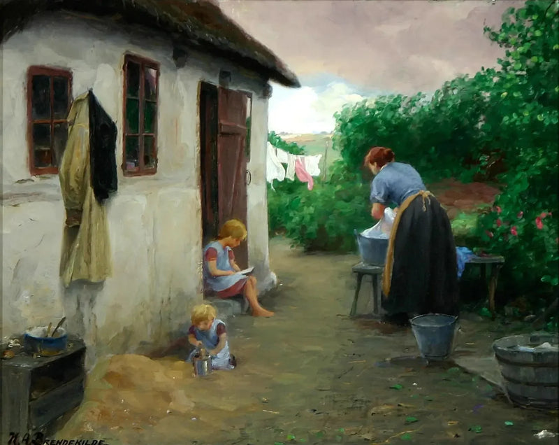 Two girls and their mother near a farm. - H. A. Brendekilde