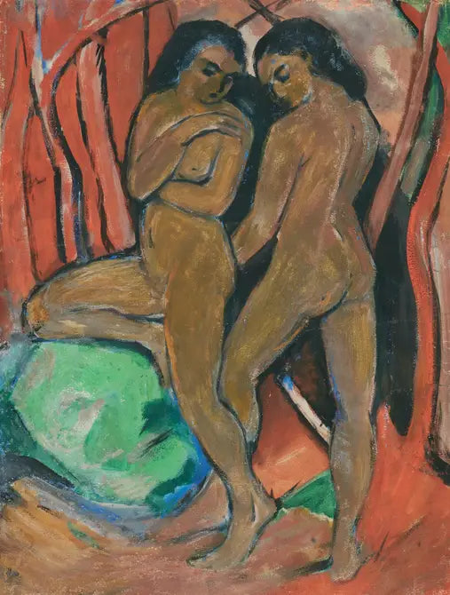 Two naked girls standing with a green stone - Franz Marc