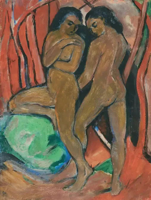 Two naked girls standing with a green stone - Franz Marc