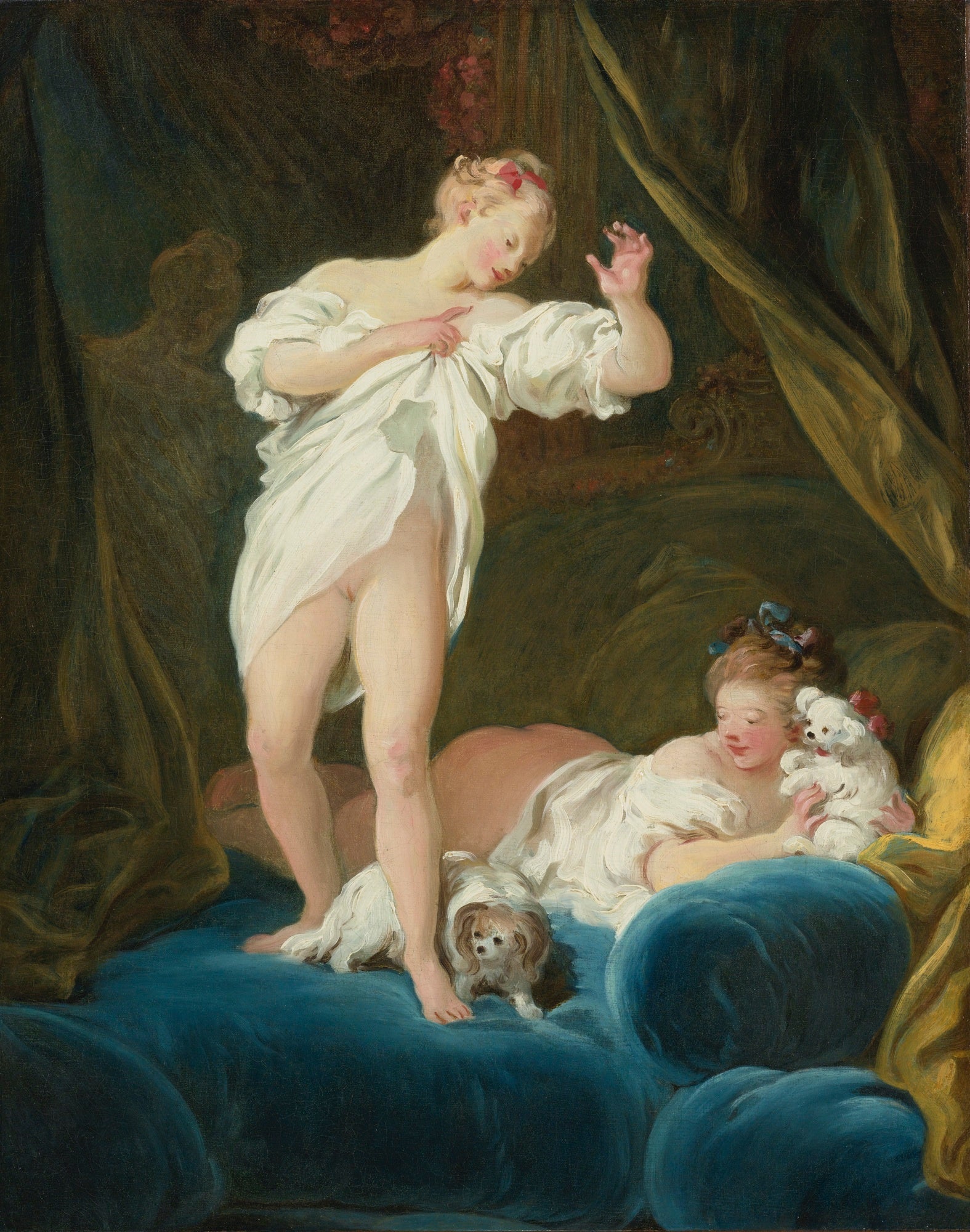 Two girls on a bed playing with their dogs - Jean-Honoré Fragonard