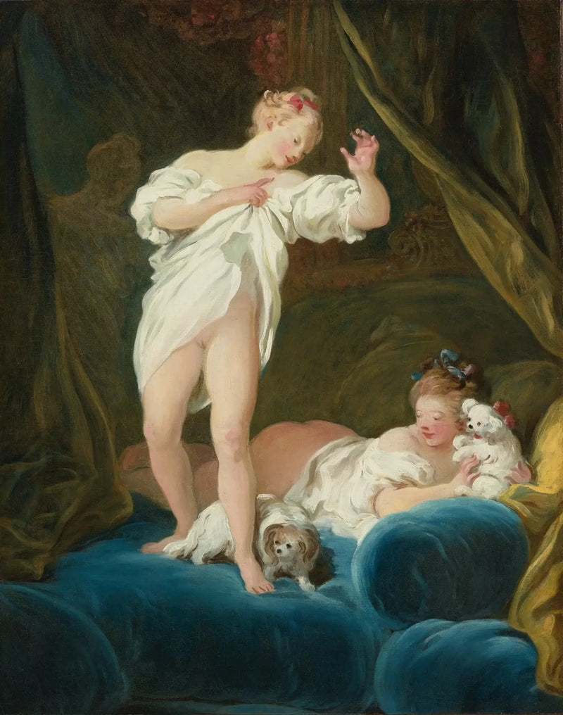 Two girls on a bed playing with their dogs - Jean-Honoré Fragonard
