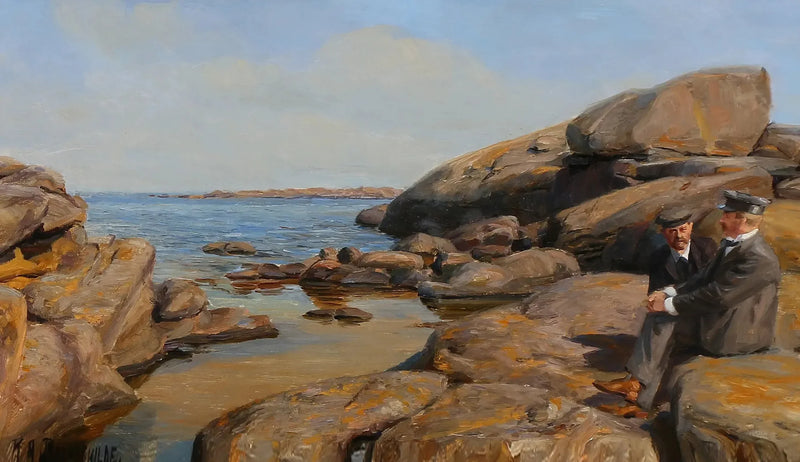 Two men in conversation on a rocky shore - H. A. Brendekilde