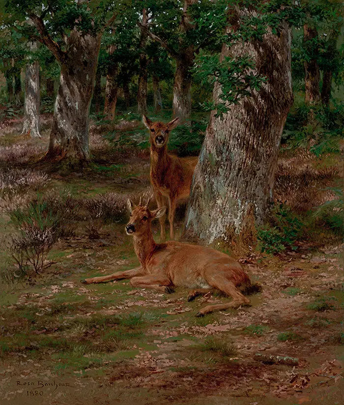 Two young deer in a forest - Rosa Bonheur