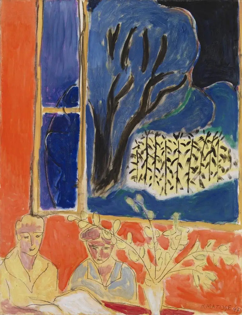 Two Young Girls in a Coral Interior, Blue Garden (Two Little Girls, Coral Background, Blue Garden) - Henri Matisse