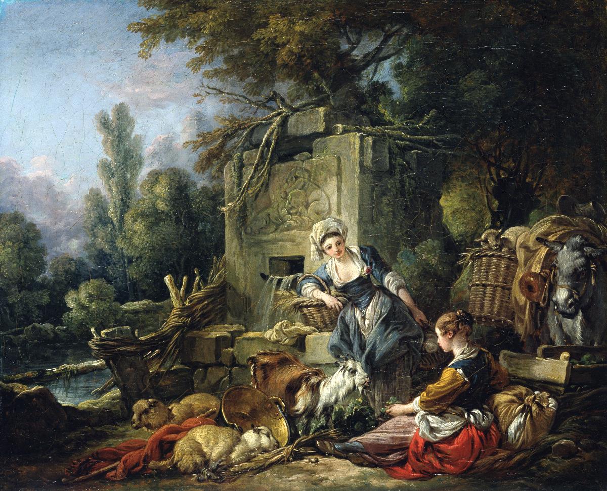 Two peasant women near a rustic fountain - François Boucher