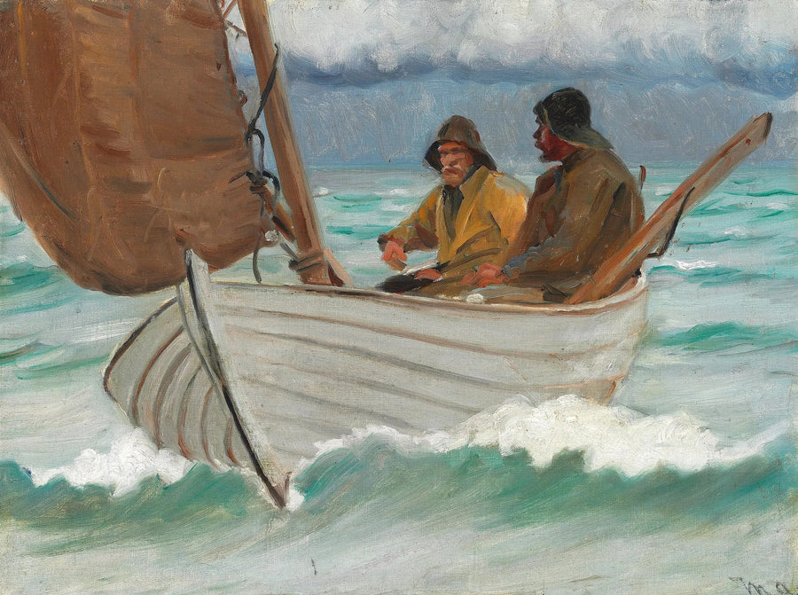 Two fishermen from Skagen aboard a sailboat off the coast. - Michael Peter Ancher