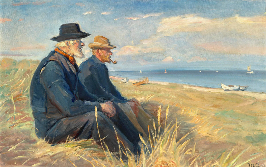 Two fishermen from Skagen, sitting in the afternoon sun on the dunes of Skagen beach, gaze at the sea. - Michael Peter Ancher