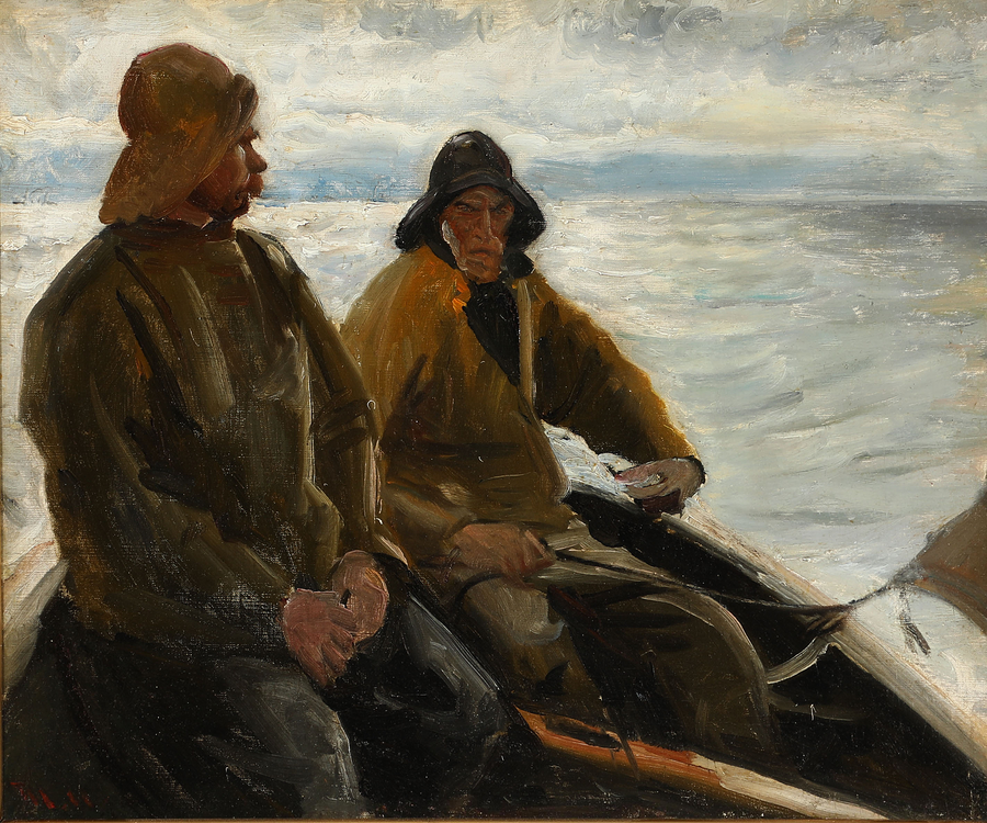 Two Skagen fishermen in a rowboat at dusk. - Michael Peter Ancher