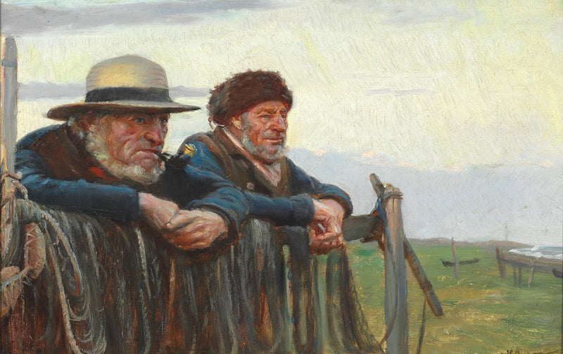 Two fishermen observe the sea on Skagen beach. -Michael Peter Ancher
