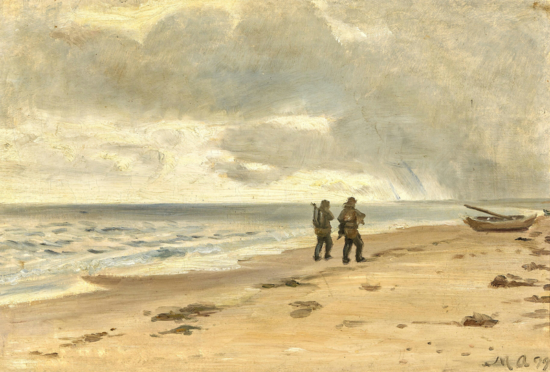 Two fishermen on the beach. Gray sky above the sea. - Michael Peter Ancher