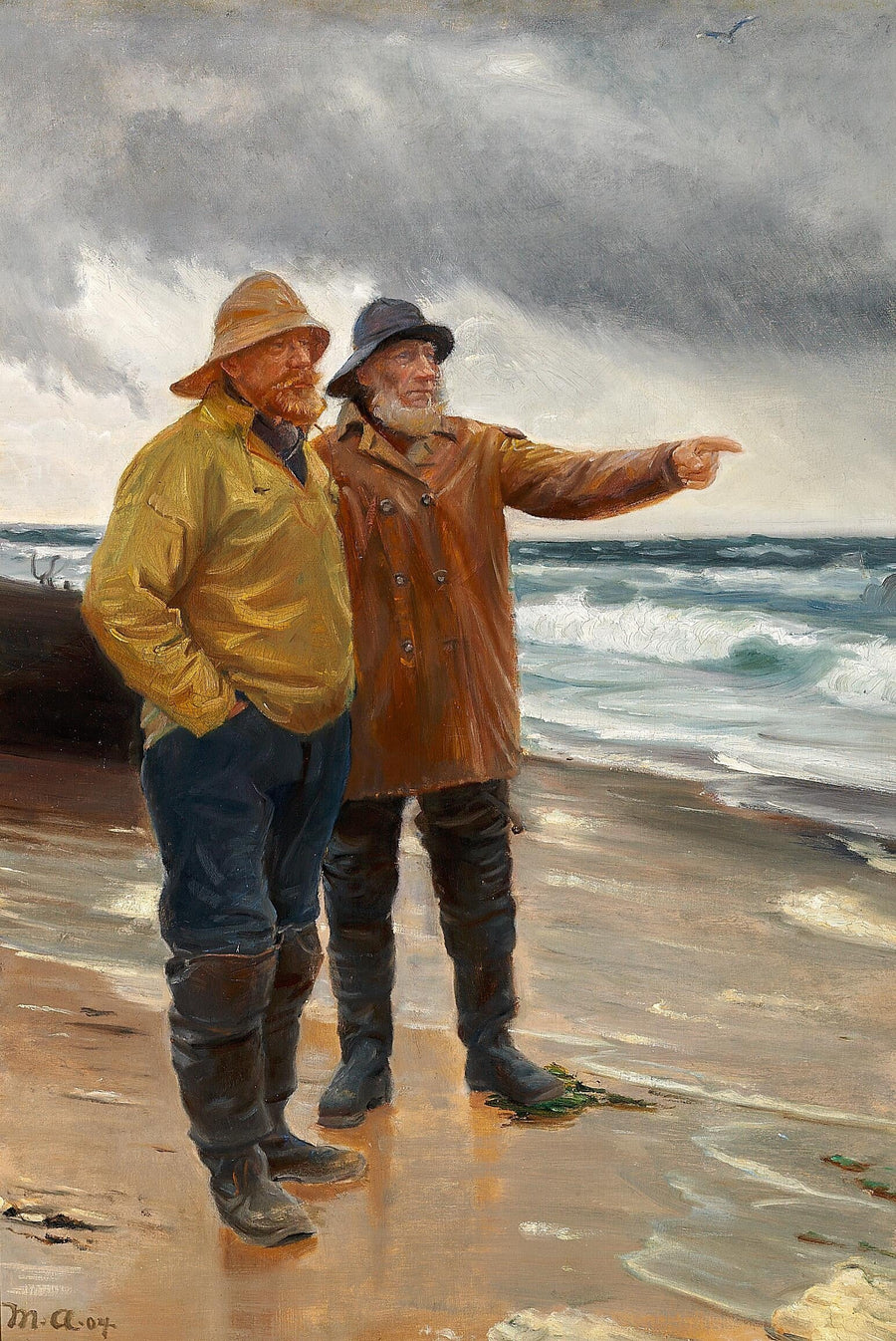Two fishermen on the beach. One of them points to the sea. - Michael Peter Ancher