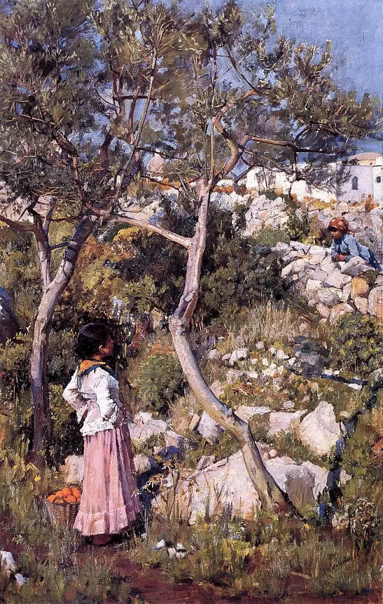 Two Little Italian Girls Near a Village - John William Waterhouse