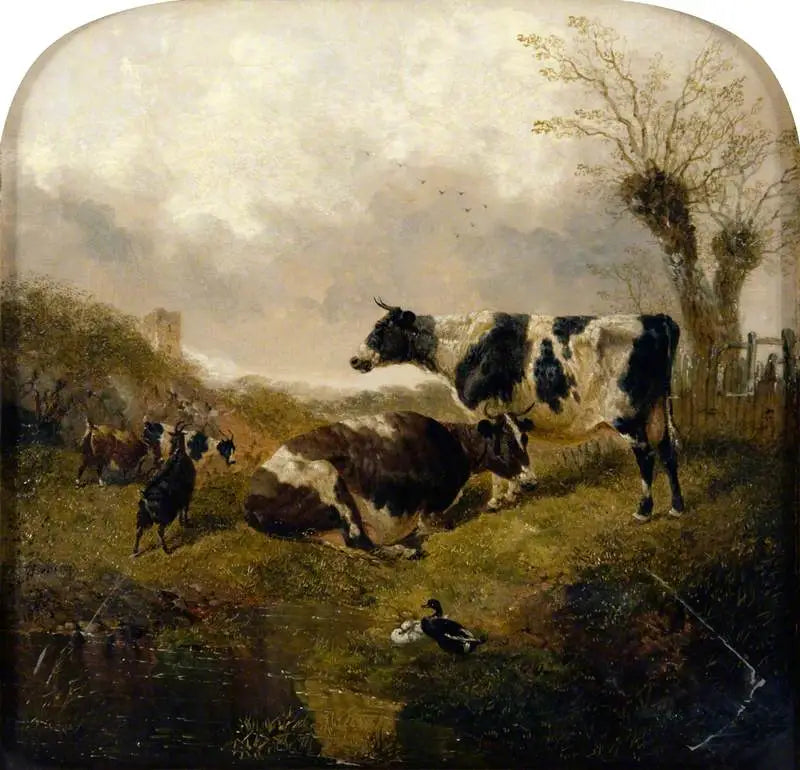 Two cows with goats and ducks in a landscape - John Frederick Herring, Sr.