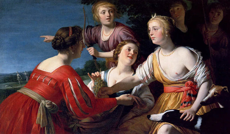Diane Resting After the Hunt, with Shepherdesses and Two Greyhounds, a Landscape Beyond - Gerrit van Honthorst