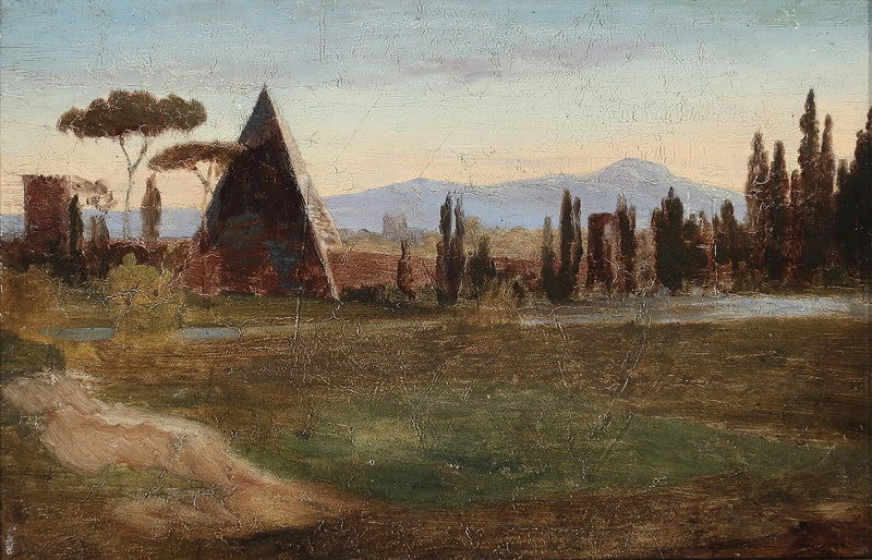 From the Protestant Cemetery of Rome, with the Pyramid of Cestius and the mountains in the background. - H. A. Brendekilde
