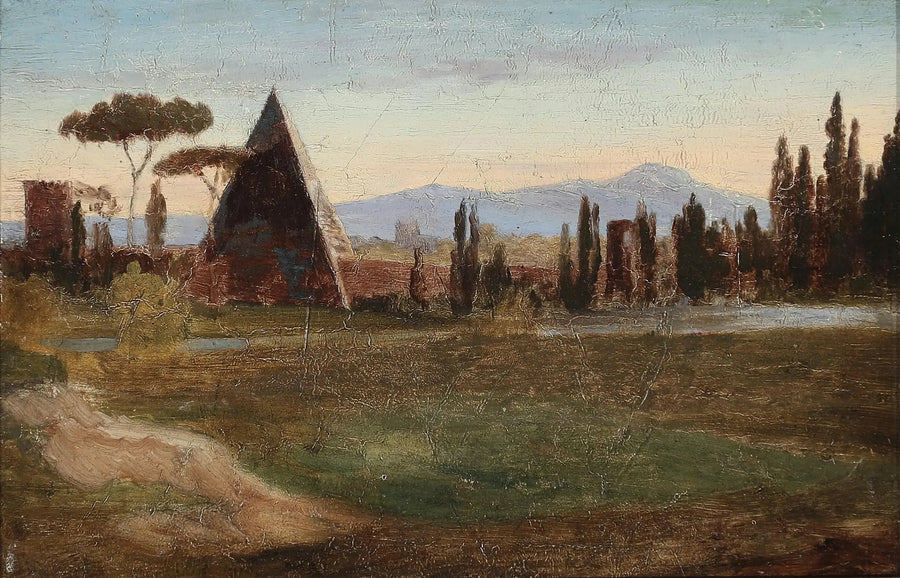 From the Protestant Cemetery of Rome, with the Pyramid of Cestius and the mountains in the background. - H. A. Brendekilde
