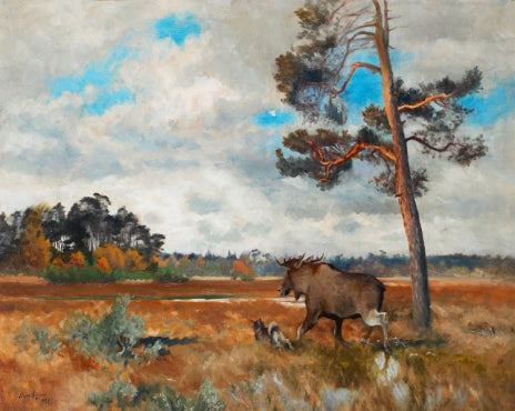 Moose and Norwegian elk dog in an autumn landscape - Bruno Liljefors