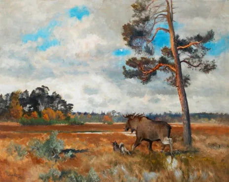 Moose and Norwegian elk dog in an autumn landscape - Bruno Liljefors