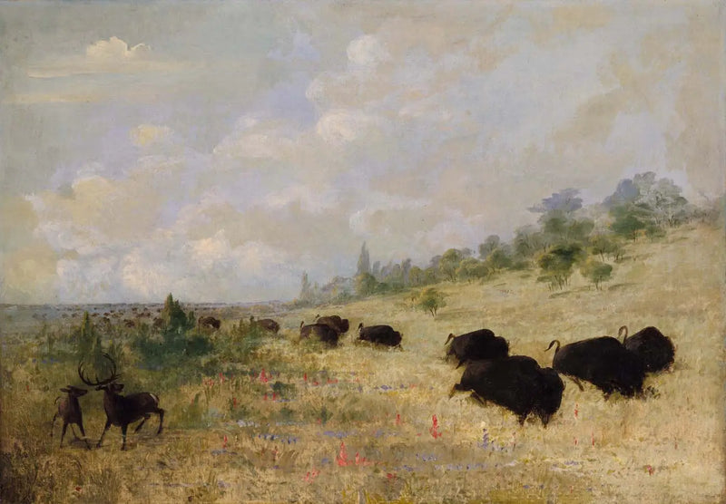 Elans et bisons grazing among the prairie flowers, Texas - George Catlin