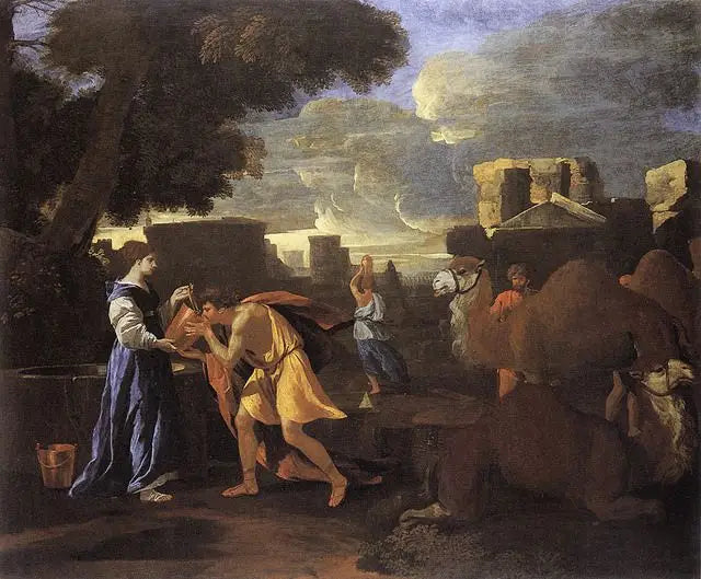Eliezer and Rebecca at the well or Rebecca quenching Eliezer's thirst. - Nicolas Poussin