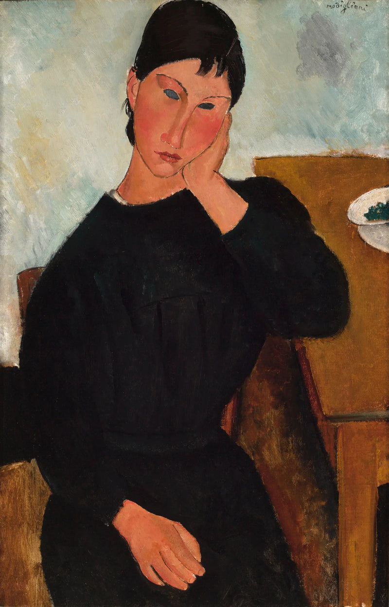 Elvire seated, leaning on a table - Amedeo Modigliani