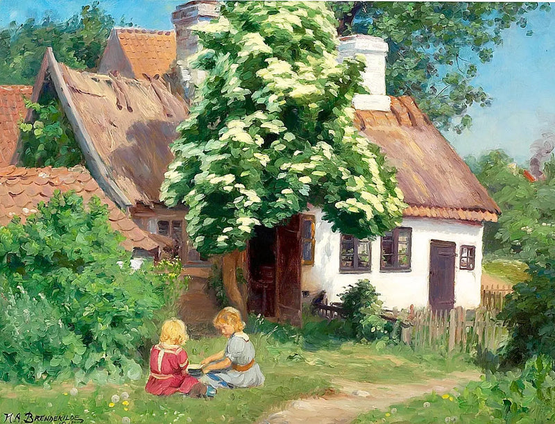 Children playing in front of a farm. - H. A. Brendekilde