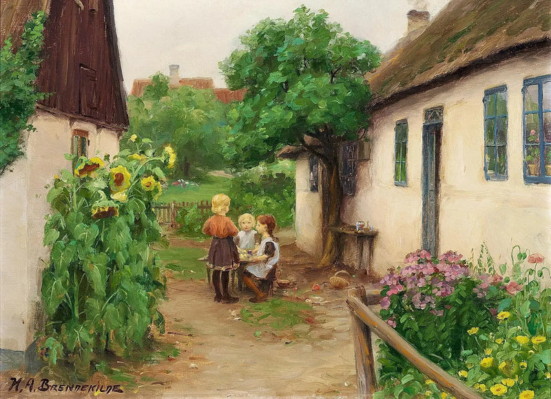 Children playing near a farm, to the left of the blooming sunflowers. - H. A. Brendekilde