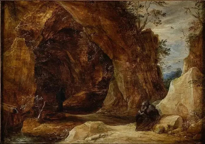 Hermit sitting on a rock at the entrance of a cave - David Teniers the Younger