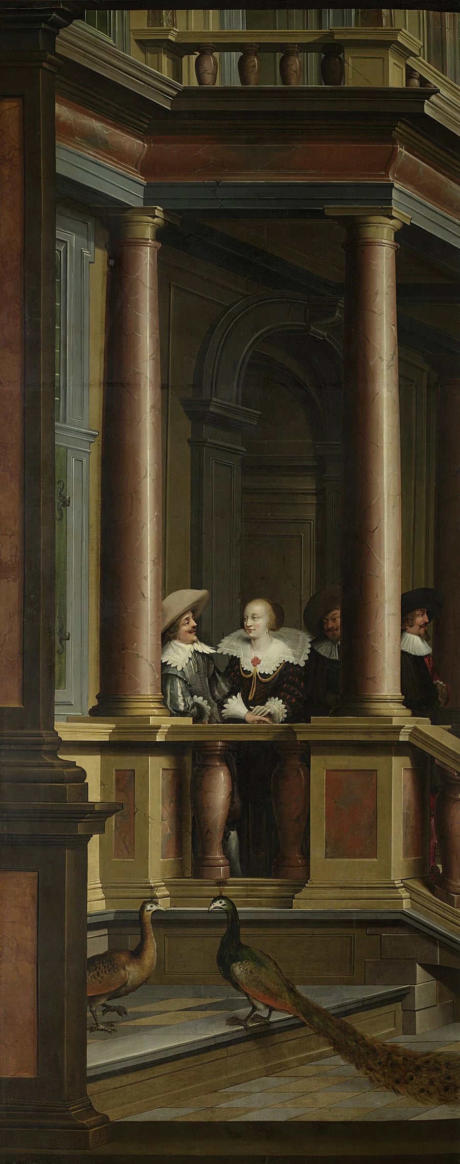 Un escalier extérieur (moitié gauche de la scène). Partie d'une peinture de salle en sept parties. - Dirk van Delen