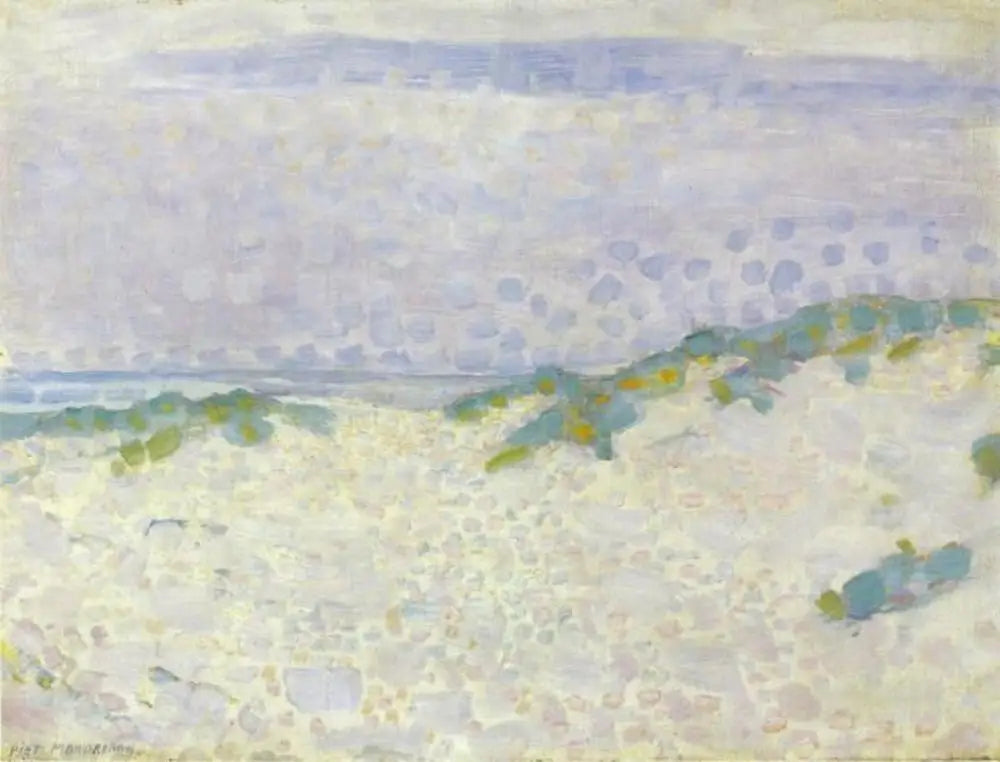 Reproduction du tableau « Étude pointilliste avec dunes et mer - Piet Mondrian » par Alpha Reproduction en peinture à l’huile