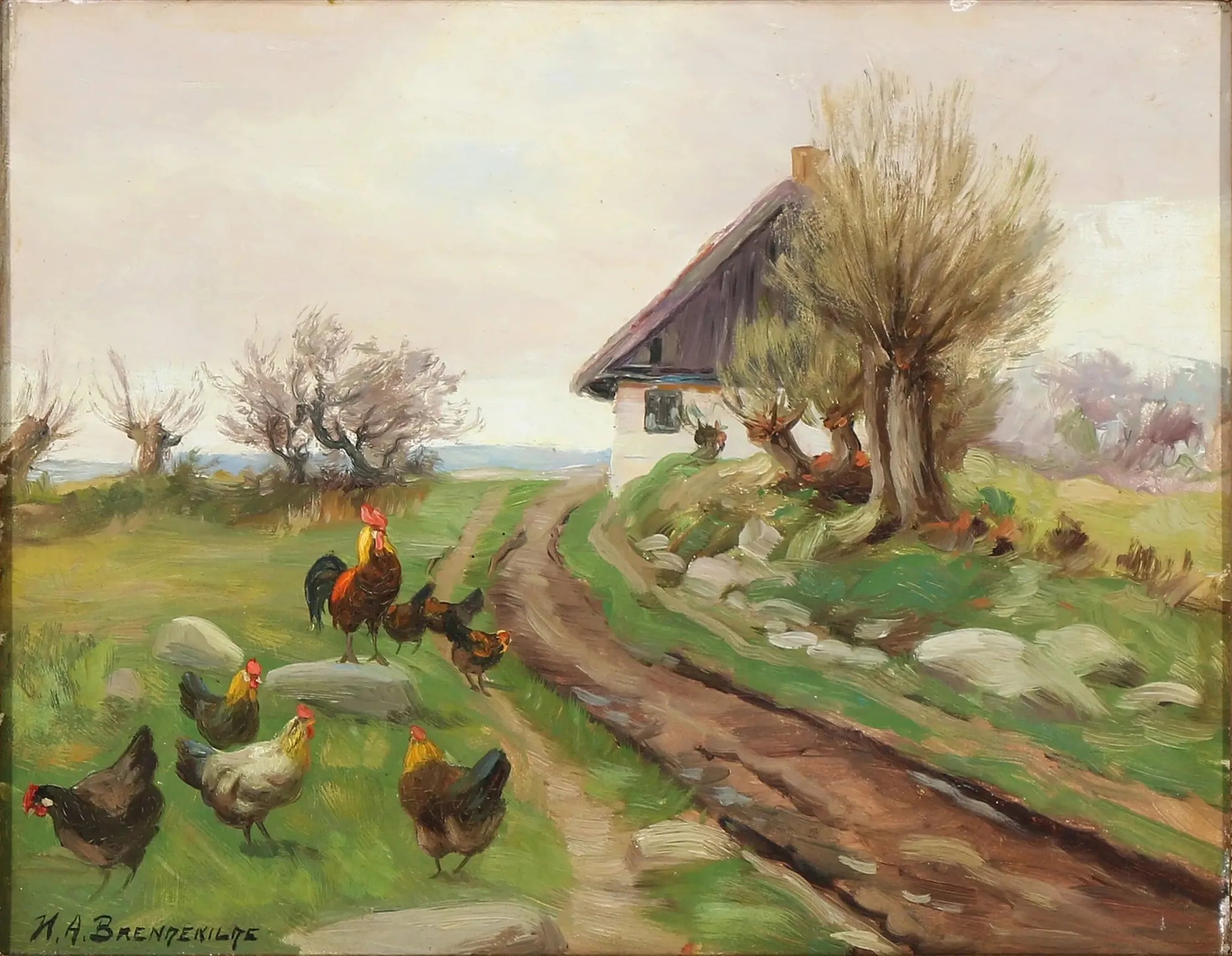 Extérieur de la ferme avec des poules - H. A. Brendekilde image 1 reproduction artisanale de tableau