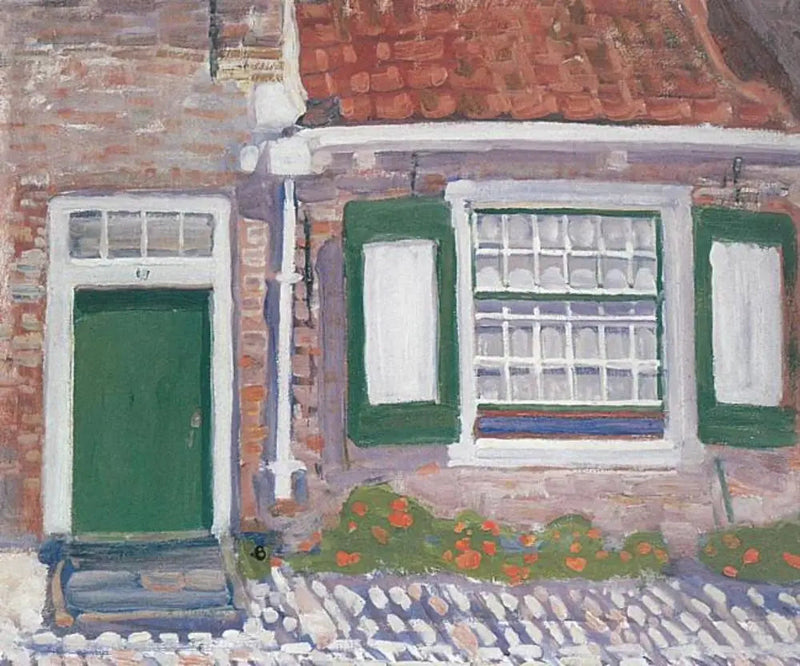 House facade with green-shuttered windows - Piet Mondrian