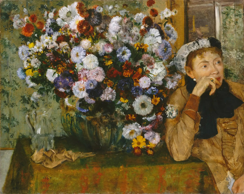 Woman Sitting Next to a Vase of Flowers - Edgar Degas