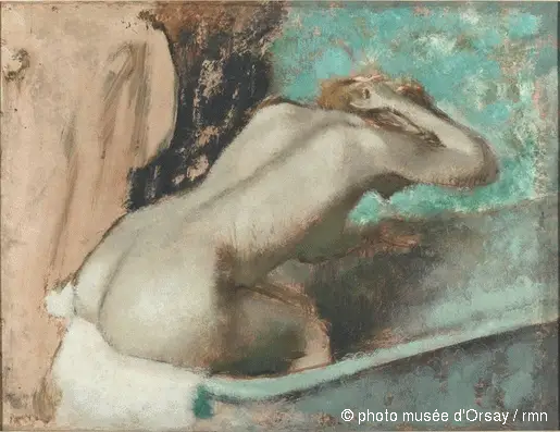 Woman Sitting on the Edge of a Bathtub and Sponging Her Neck - Edgar Degas