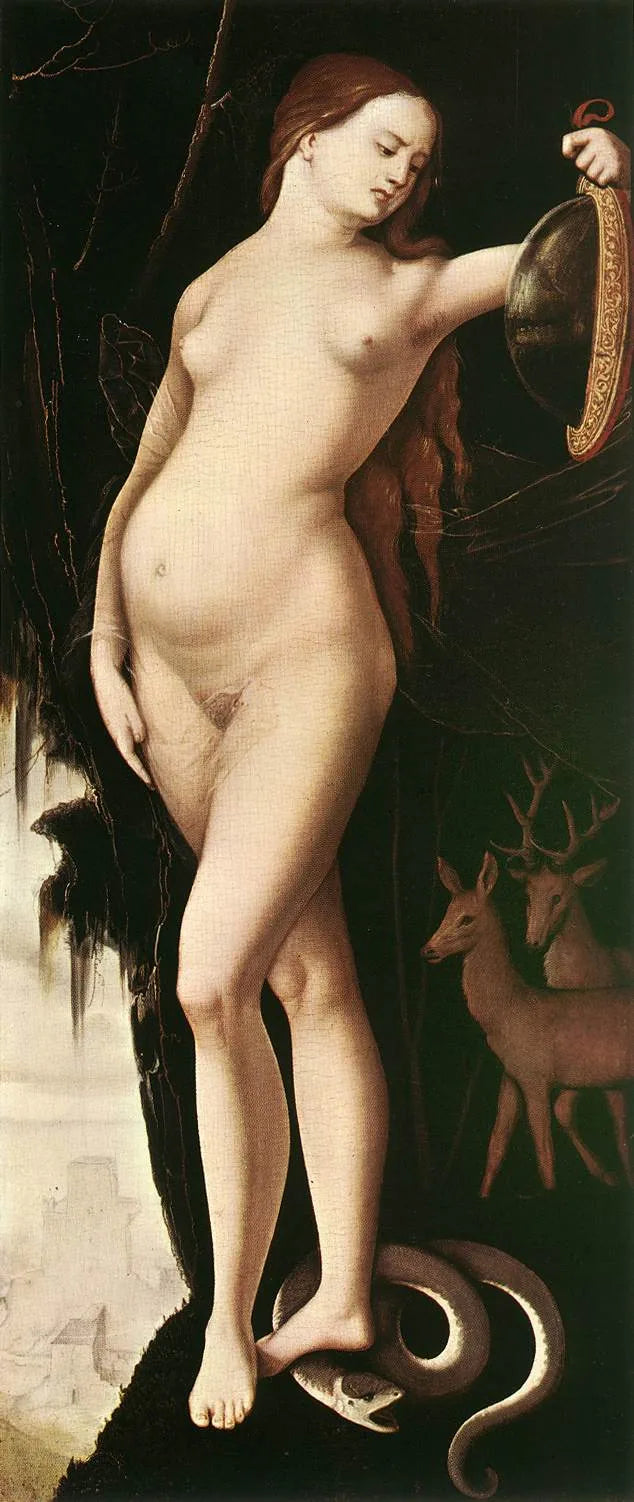 Woman with Mirror, Serpent, Deer, and Dog - Hans Baldung Grien
