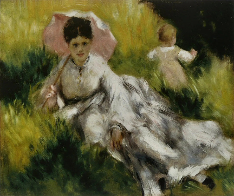 Woman with a Parasol and a Small Child on a Sunny Hill - Pierre-Auguste Renoir
