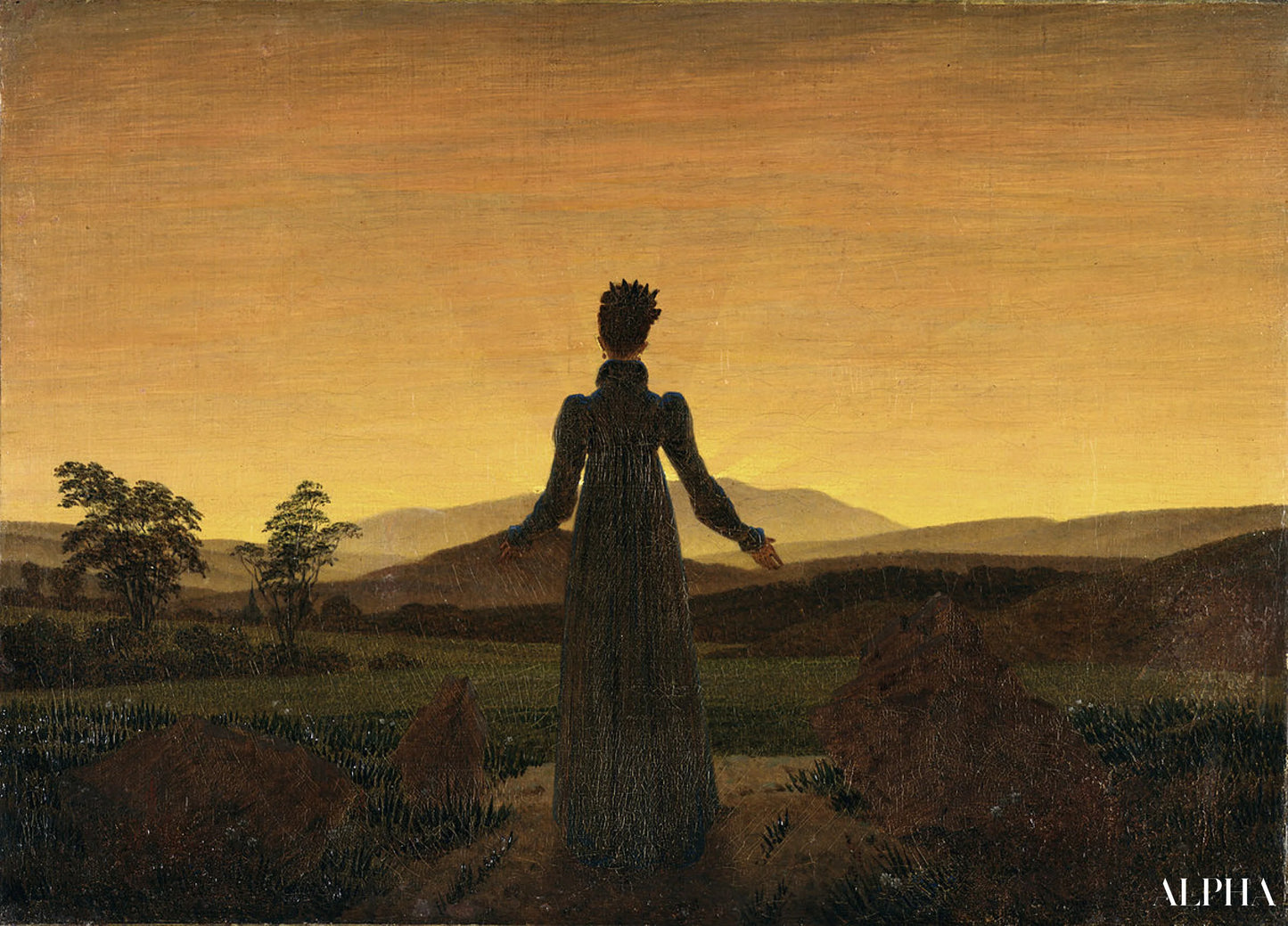 Reproduction du tableau « Femme devant le coucher de soleil - Caspar David Friedrich » par Alpha Reproduction en peinture à l’huile